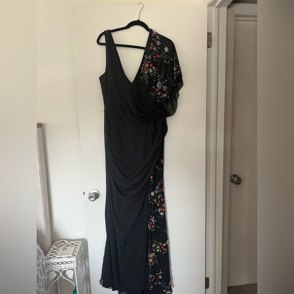Mac Duggal 26530 Womens Black FAUX WRAP MULTI COLORED BEADED FLORAL GOWN Dress